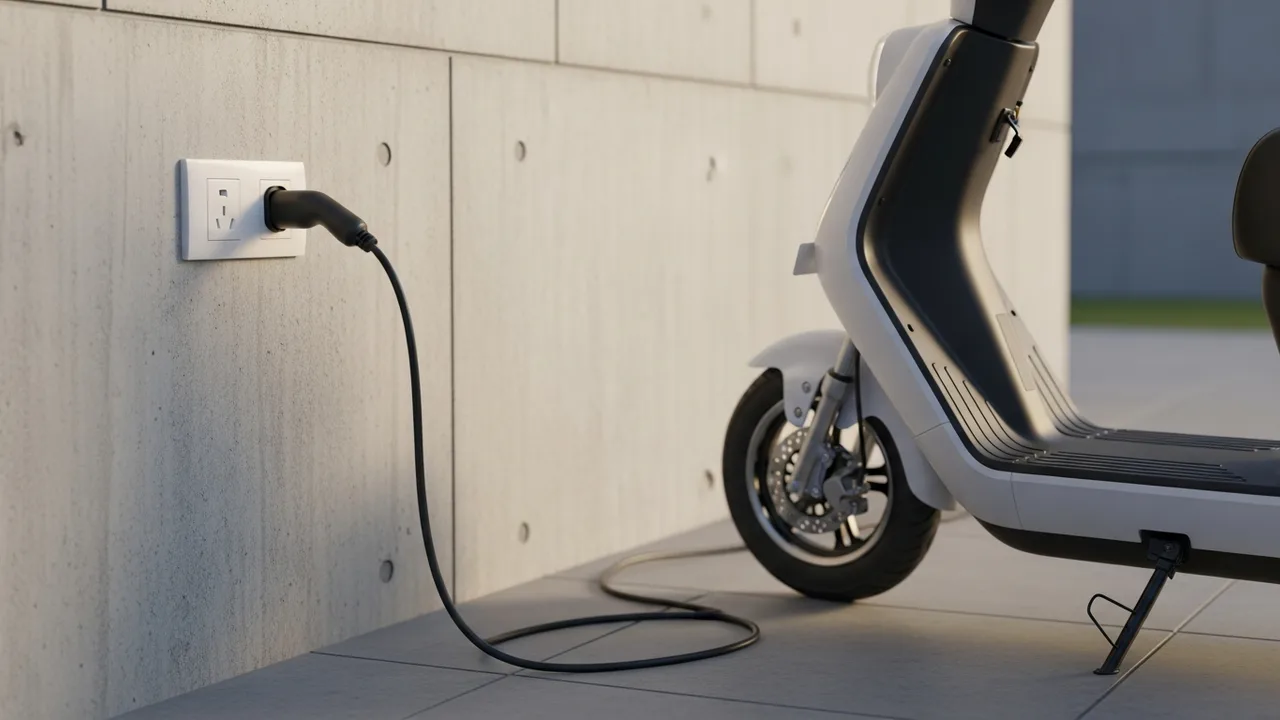 An electric scooter charging from a normal 3-pin domestic wall socket at a Tricity home.
