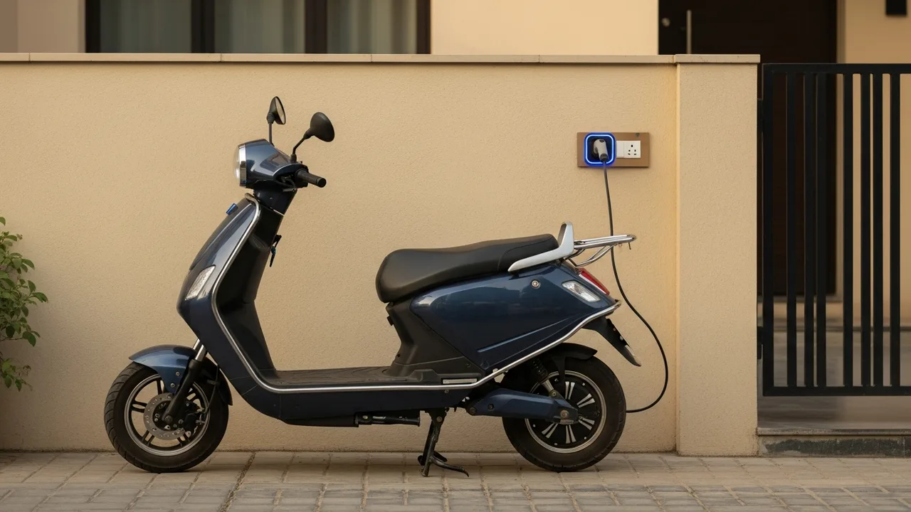 An electric scooter charging from a regular wall socket at an Indian home.