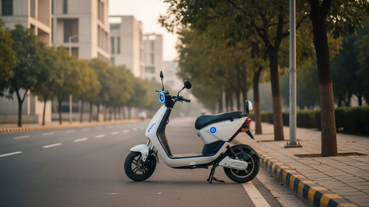 An electric scooter on a clean, tree-lined Chandigarh sector road.